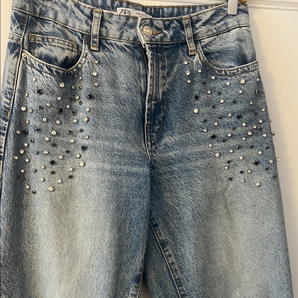Zara Blue Flare Wide Leg Jeans with Vintage Sparkle